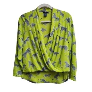 Ann Taylor Factory Neon Yellow Cheetah Print Wrap Blouse